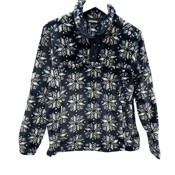 Lands End Women's Snap Fleece Pullover Medium Snowflake Print Thick Blue - Picture 2 of 9